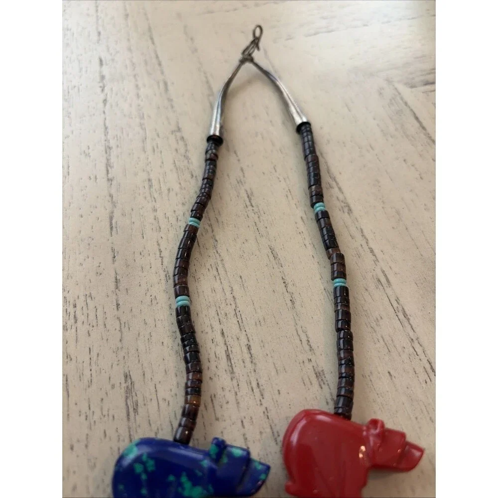 NATIVE AMERICAN CARVED TURQUOISE & STONE BEAR BEARS HEISHI FETISH NECKLACE 30”L - Picture 4 of 5